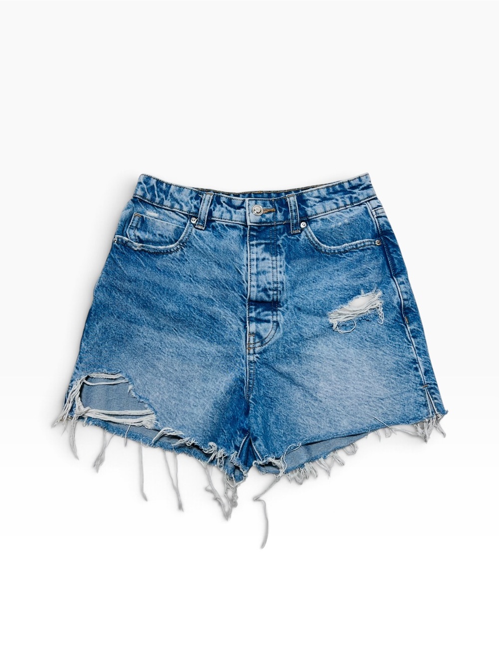 Zara Distressed High-Rise Denim Shorts - Light Blue